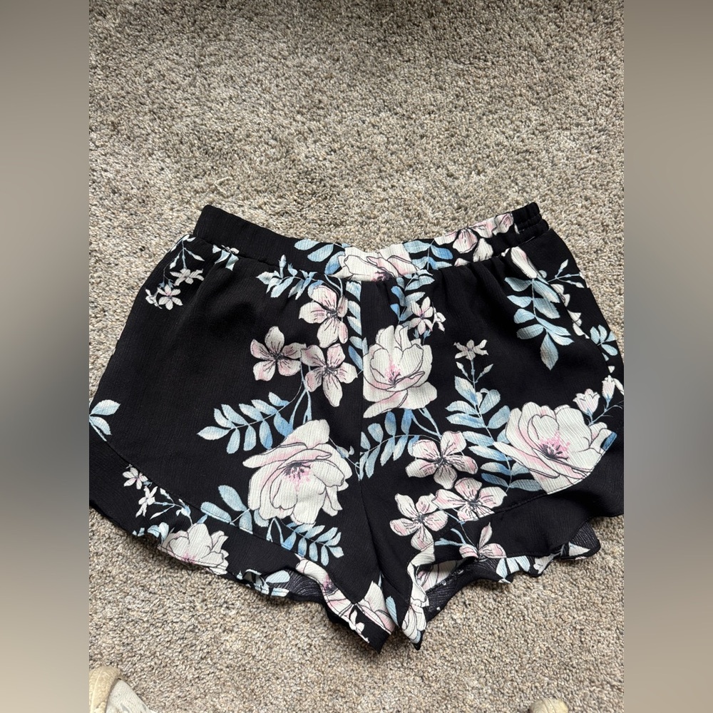 Aqua High Waist Black and Pink Floral Shorts